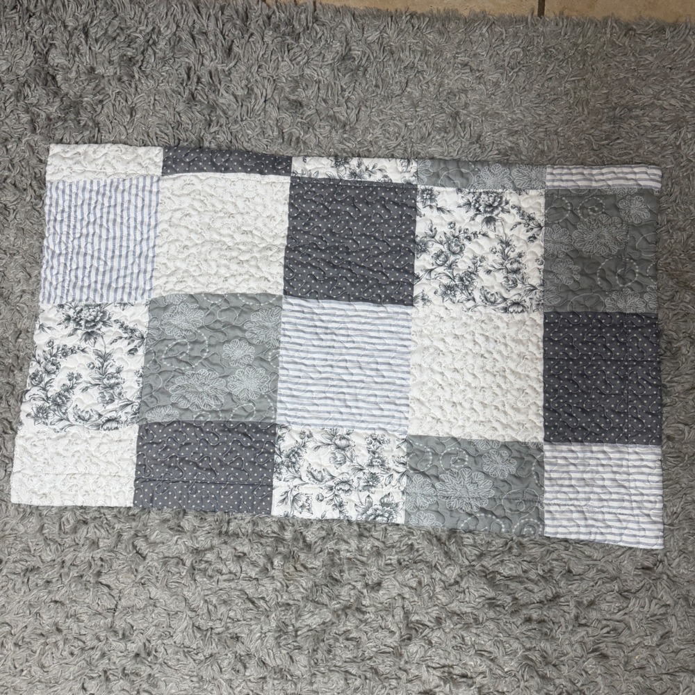 Patchwork Quilted King Pillow Sham Grey White Blue Floral Striped one